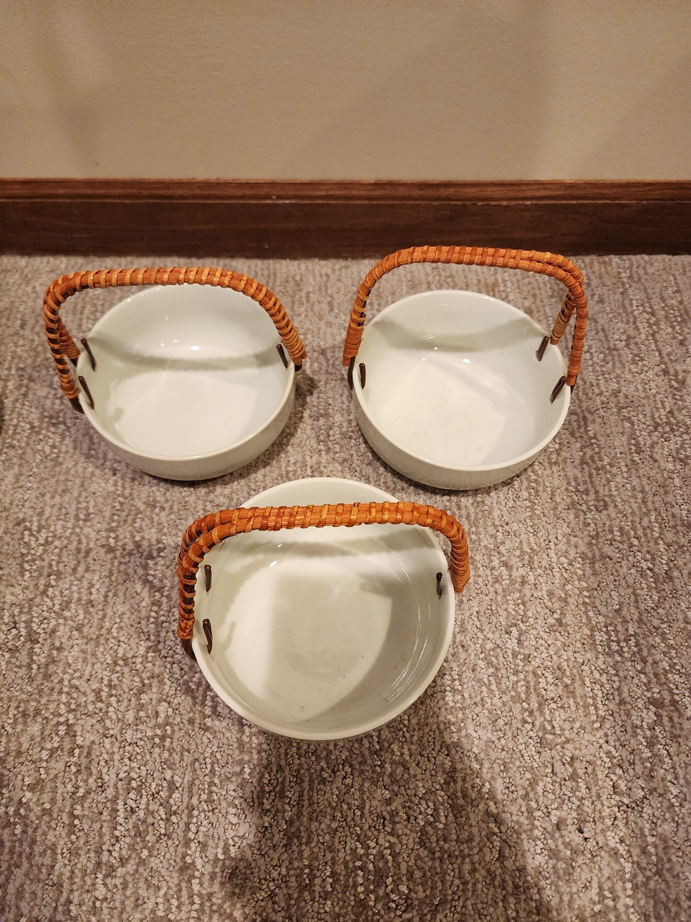 Ceramic Round Serving Bowls with Woven Handles - Set of 3, Cream